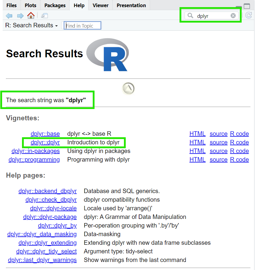 RStudio Help Panel anatomy